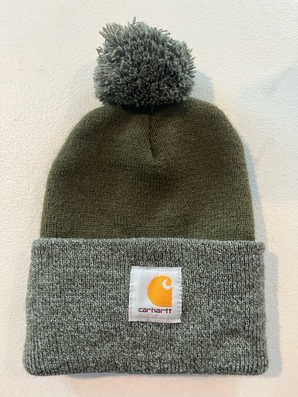 Carhartt Beanie Hat Cap Embroidered Pom Pom, Hunter Green/Gray, One Size